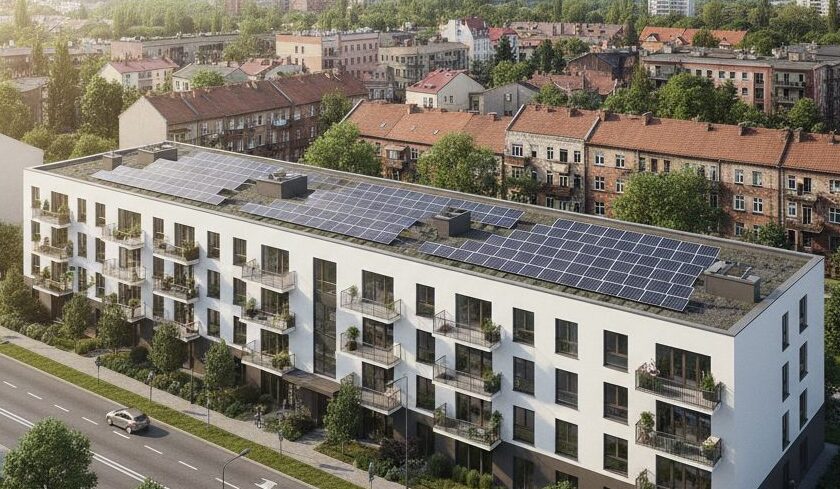 Spółdzielnia energetyczna w miastach – blok mieszkalny z panelami PV na dachu
