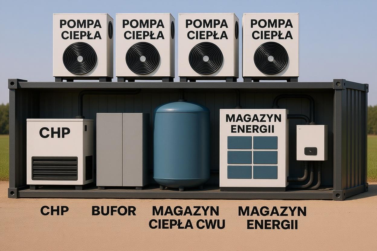 Układ kontenerowy kogeneracji CHP i magazynu energii