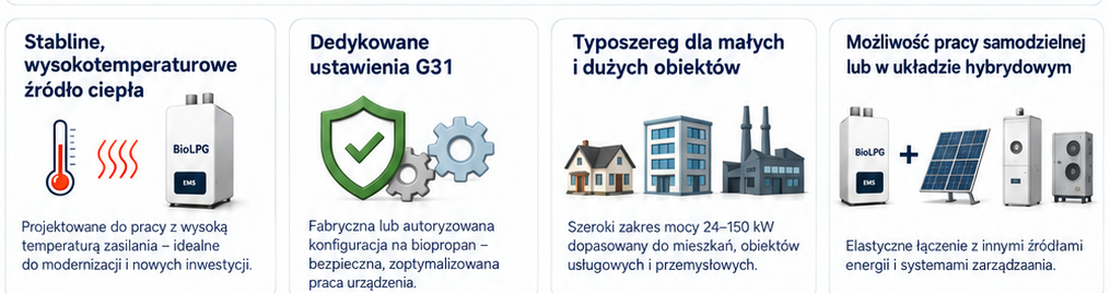 Cztery filary inżynieryjne kotłów na BioLPG: Wysoka temperatura, G31, Typoszereg, Praca hybrydowa