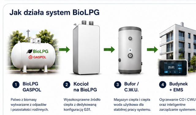 Schemat działania systemu BioLPG: Zbiornik GASPOL -> Kocioł BioLPG -> Bufor C.W.U. -> Budynek i EMS