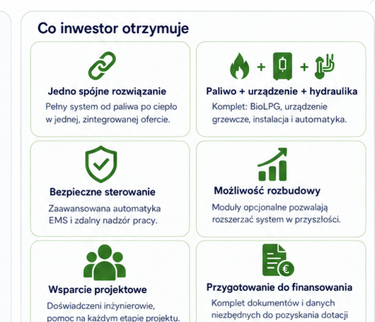 Co inwestor otrzymuje: Spójne rozwiązanie, Paliwo i sprzęt, Bezpieczne sterowanie, Wsparcie i dotacje